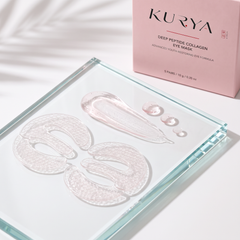 Kurya collagen eye mask patches and essence texture on glass